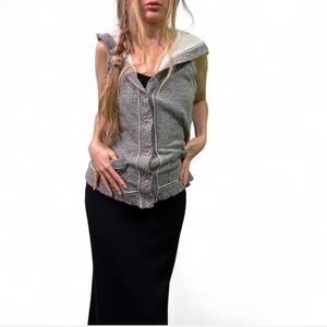 Eileen Fisher cotton hooded sleeveless sweater vest button up top XS grey white